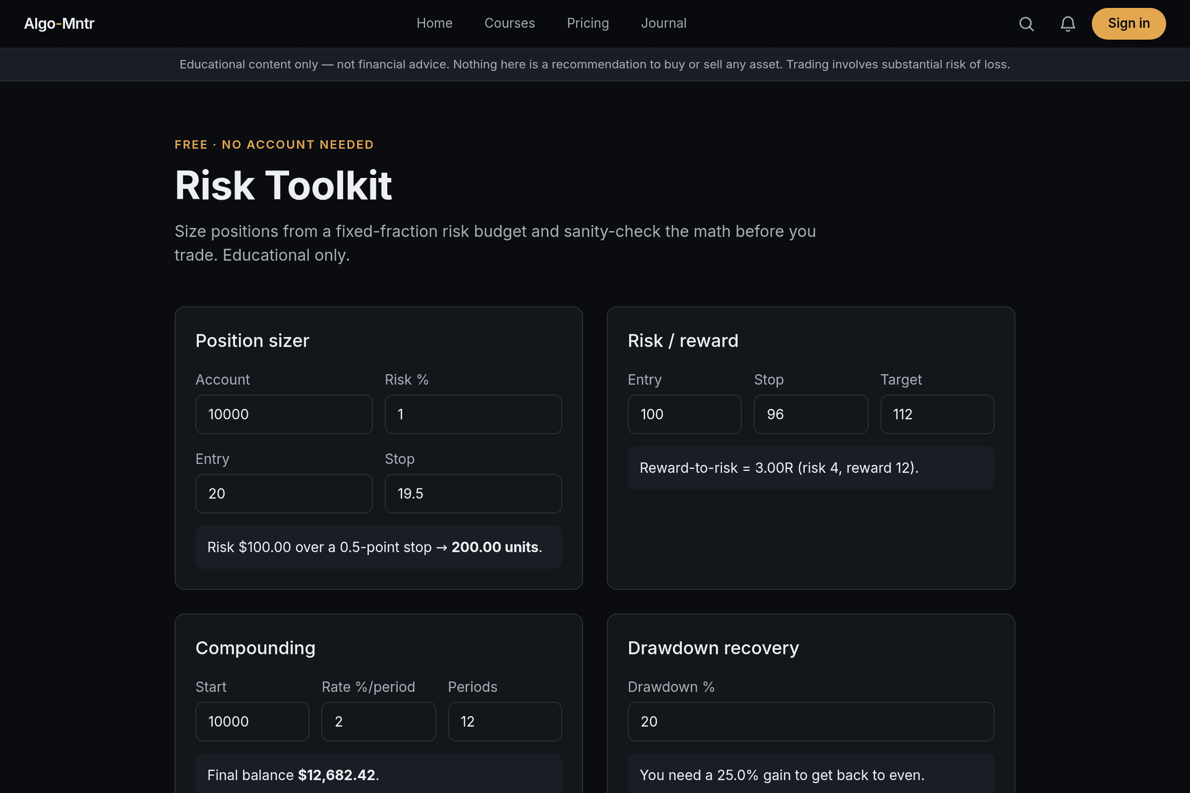 The risk toolkit: position size, compounding, and expectancy calculators